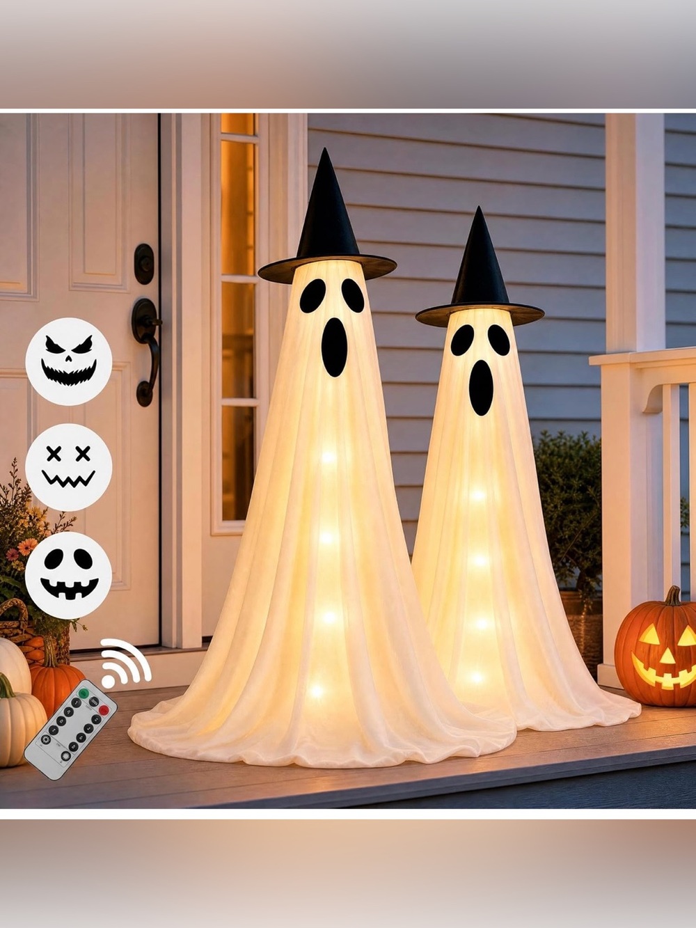 Halloween Light-Up Ghost Decorations with Witch Hats - White
